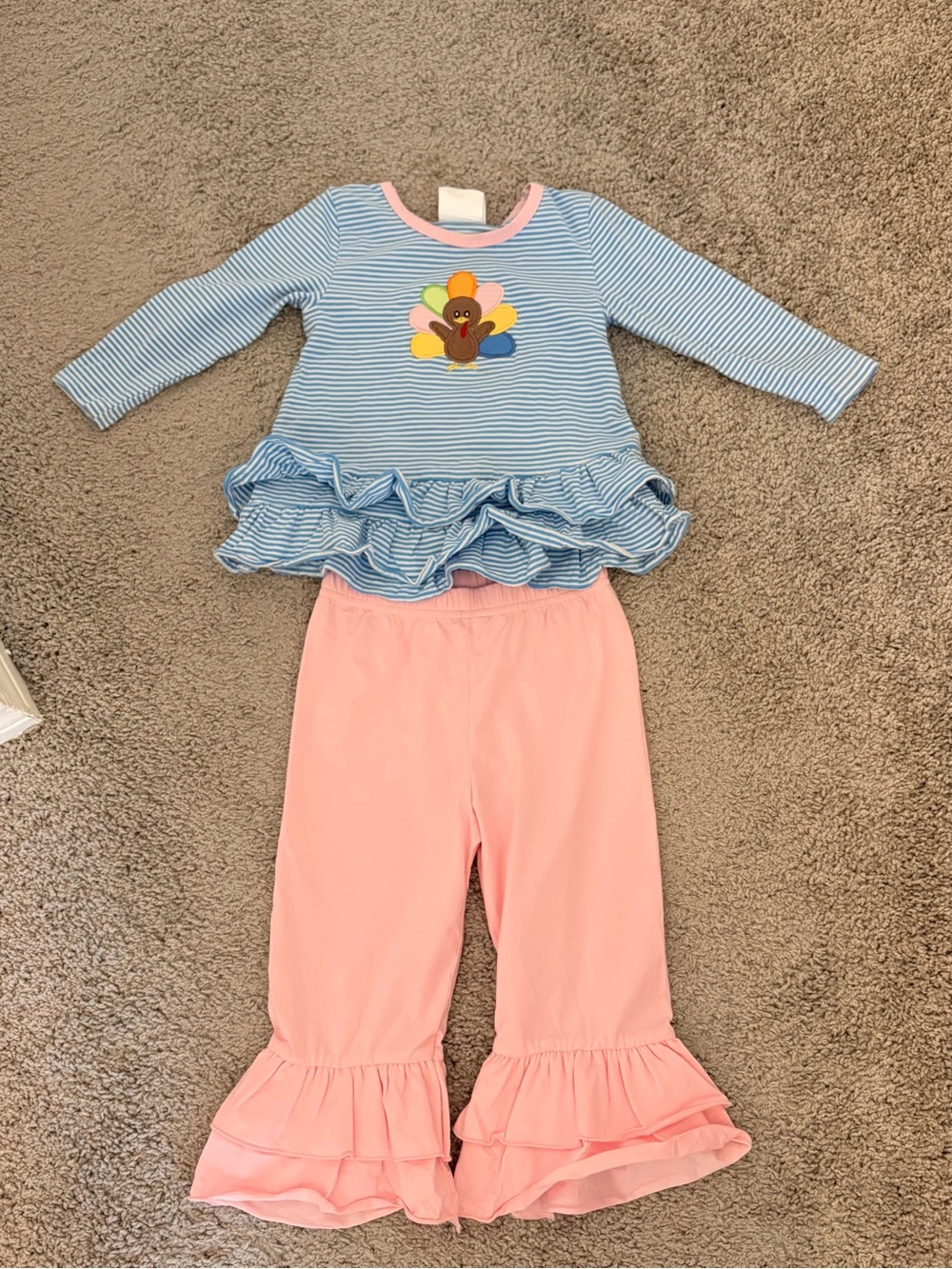 Blue Striped & Pink Ruffle Kids Pajama Set with Turkey Applique